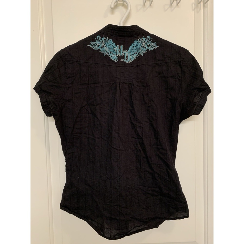 Harley Davidson Embroidered Angel Wings Pinstripe Shirt Short Sleeve Black Small
